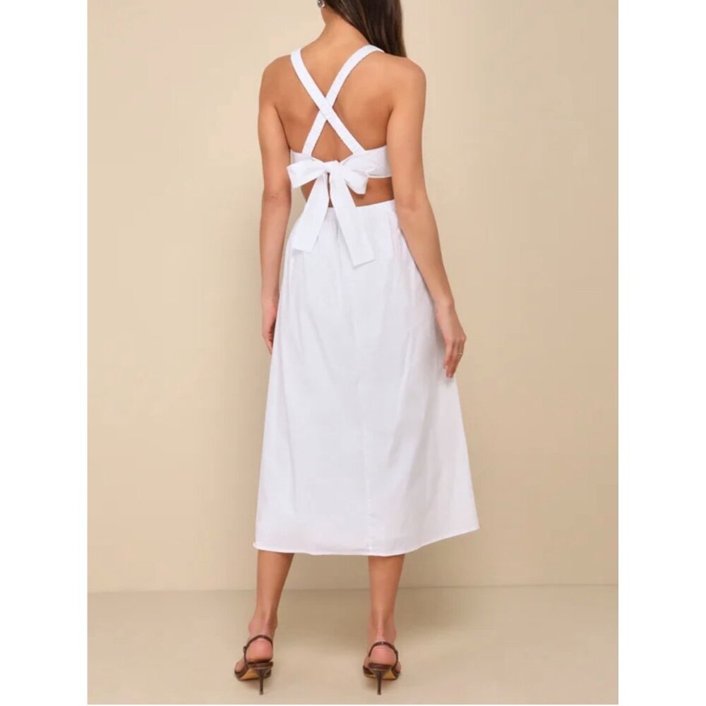 Lulus Strolling Sicily White Pleated Backless Midi Dress With Pockets Sz Large W